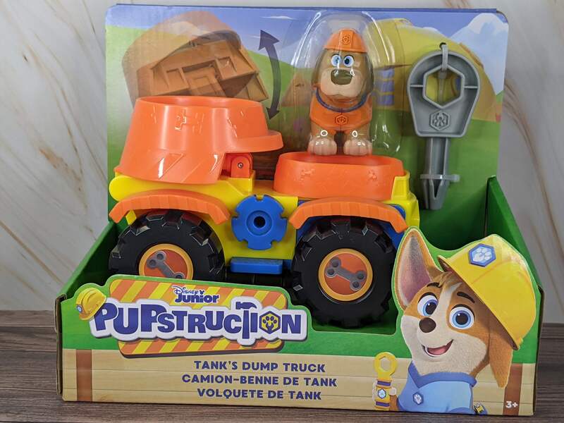 Disney Junior Pupstruction toy. Includes Tank's dump truck with a key and a Tank dog figurine.