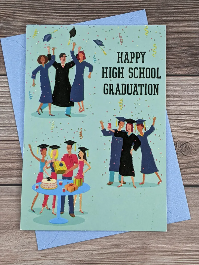 A high school graduation greeting card with an aqua blue cover and images of people taking group selfies and celebrating.