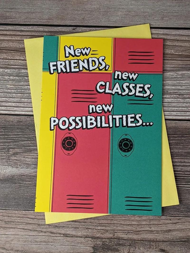 A greeting card for back-to-school with an image of red, green and yellow school lockers on the front cover.