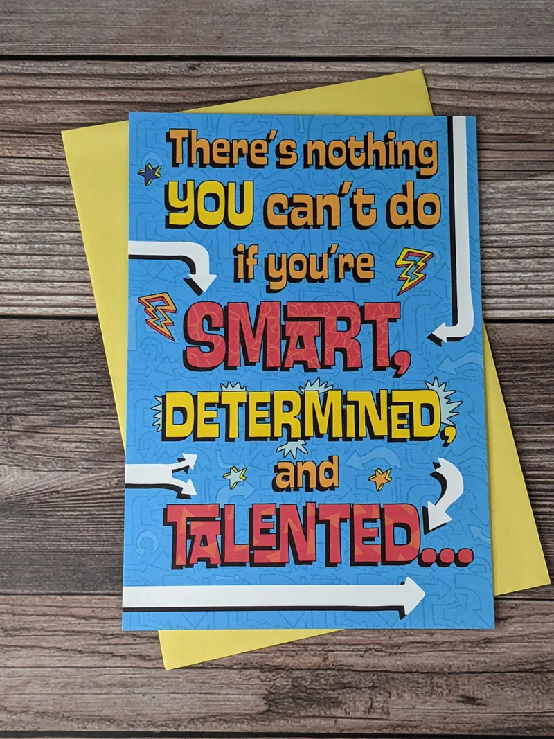 A blue greeting card celebrating a student going back to school.