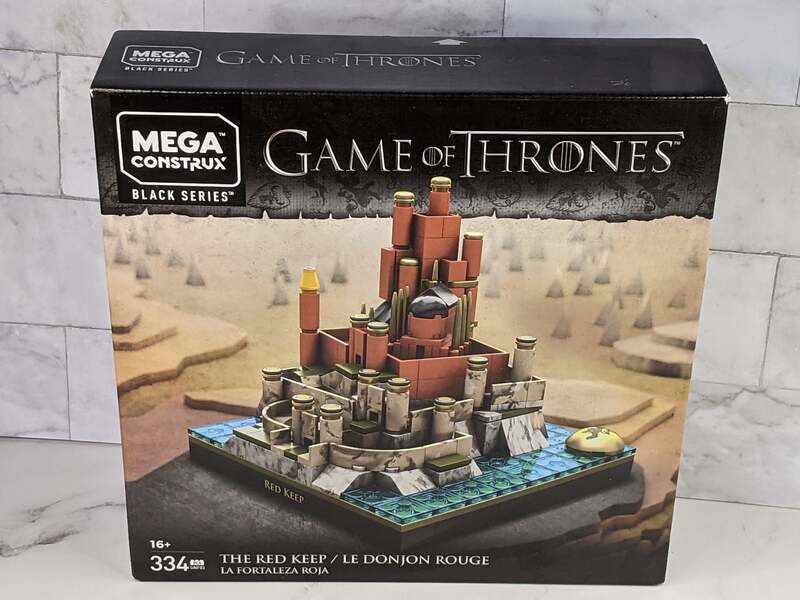 A box of Mega Construx building set pieces featuring the Game of Thrones.