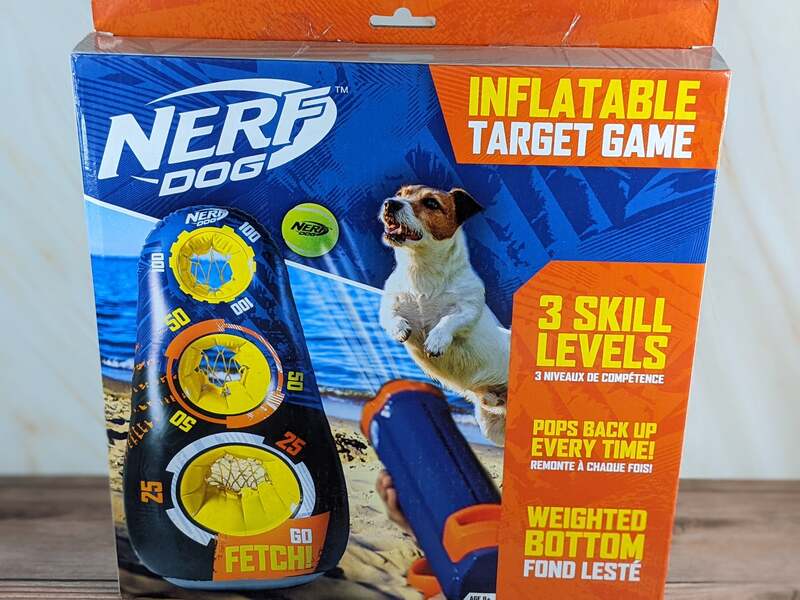 A product box by Nerf with an inflatable target game for a dog to play.