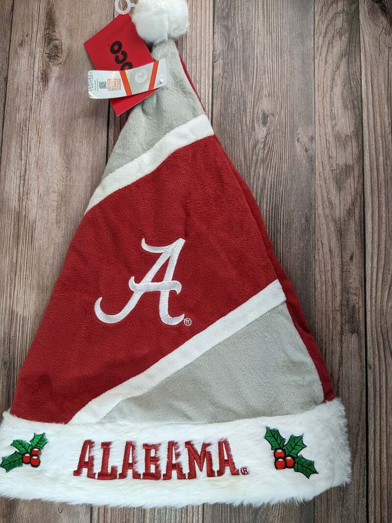 A white, gray, and red Christmas Santa hat, size small, with the Alabama Crimson Tide logo.