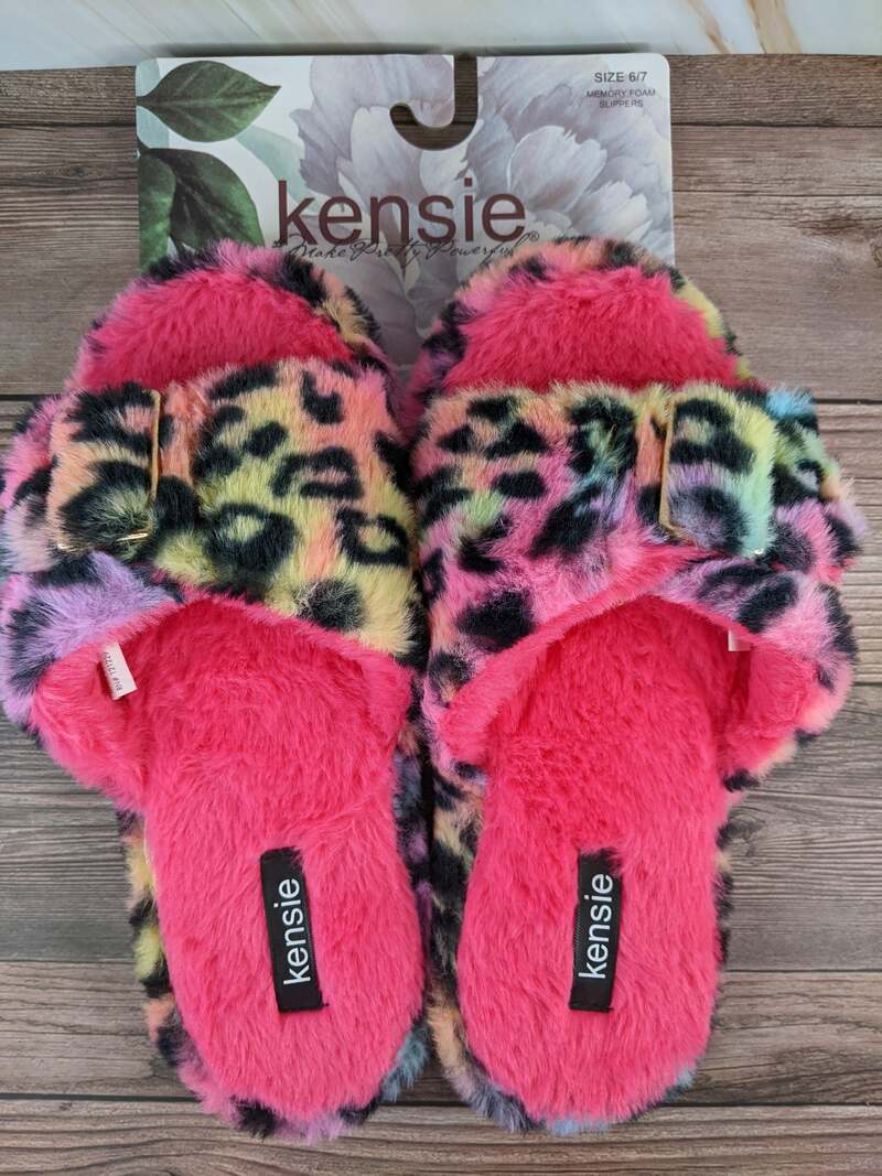 Hot pink soft plush slippers by Kensie with memory foam in a rainbow leopard design for women. 