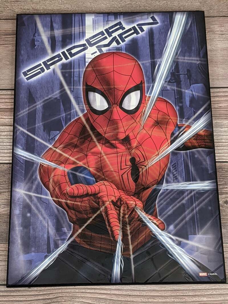 A Spider-Man image on a wall decor plaque, in red, white, and blue.