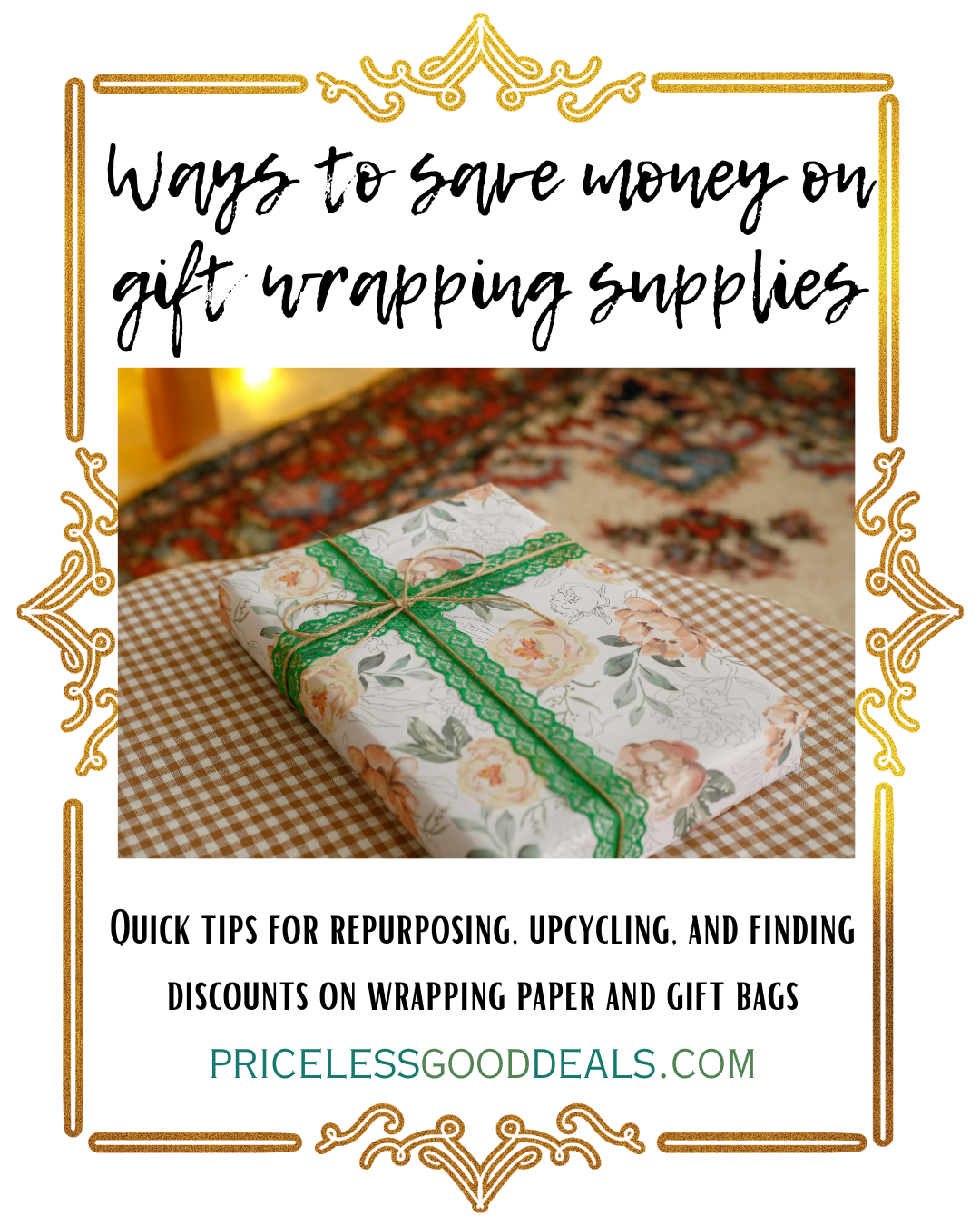 An advertisement for a blog post with an image of a wrapped gift and words about saving money on wrapping supplies.